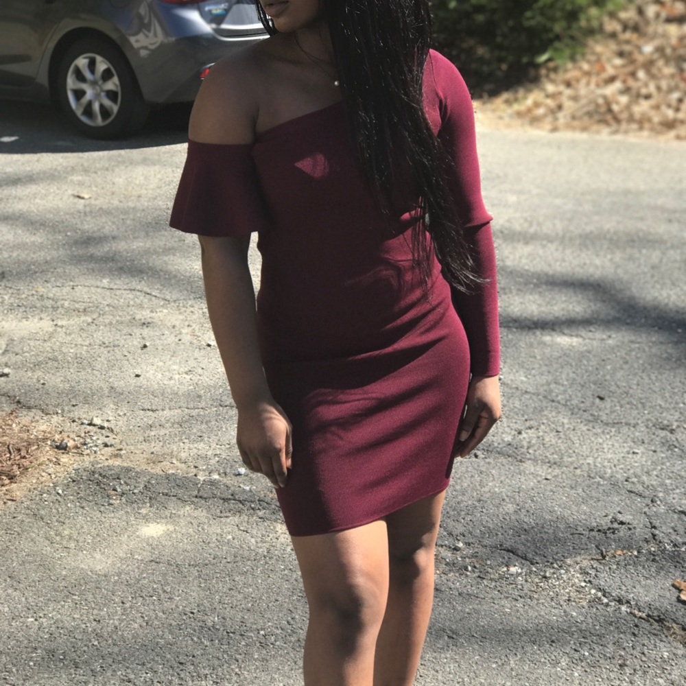 14279 Burgundy One Shoulder Sequined Dress